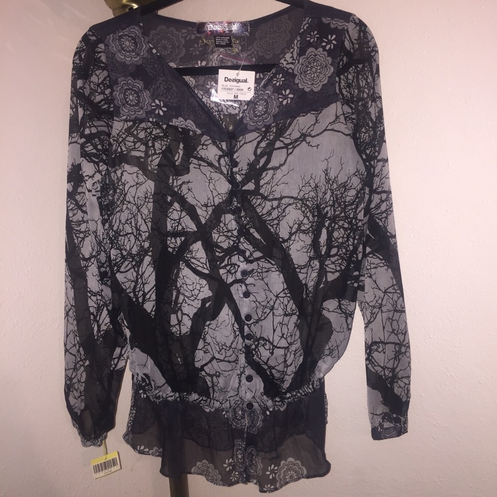 DESIGUAL Sheer Long Button Down Blouse Medium